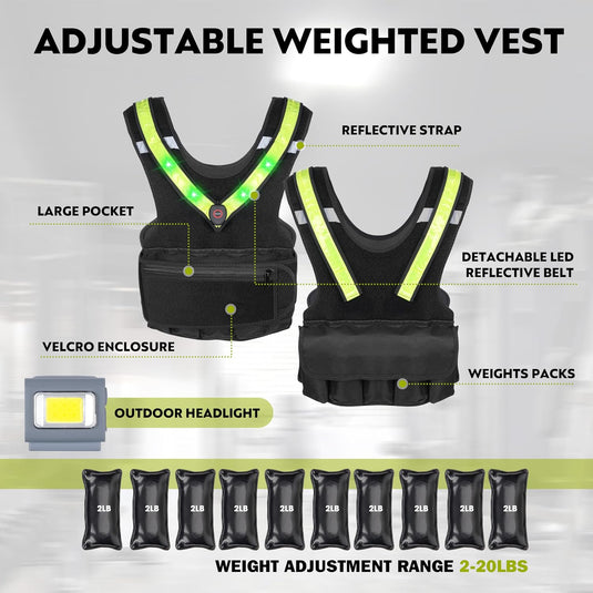 Hikeen Weighted Vest with Reflective Strips & LED Sash