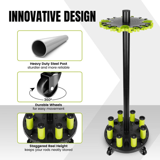 Hikeen Rolling Fishing Rod Rack – Holds Up to 20 Rods