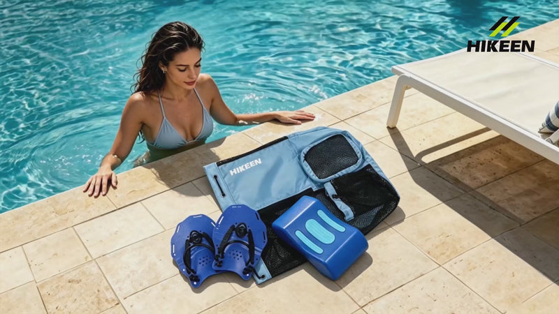 Lataa ja toista videota gallerian katseluohjelmassa Hikeen 4-Piece Swim Training Set with Hand Paddles, Pull Buoy &amp; Mesh Bag
