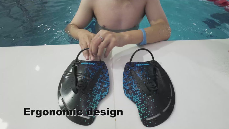 Lataa ja toista videota gallerian katseluohjelmassa Hikeen Curved Swim Hand Paddles with Adjustable Straps
