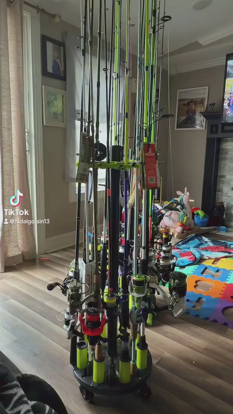 Load and play video in Gallery viewer, Hikeen Rolling Fishing Rod Rack – Holds Up to 20 Rods
